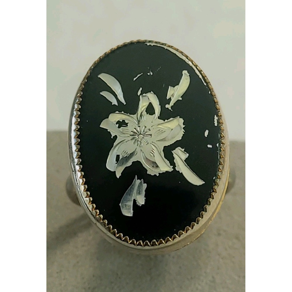Size 9 Black Oval Floral Inlay Ring Gold Silver Tone Adjustable 1.5mm Band